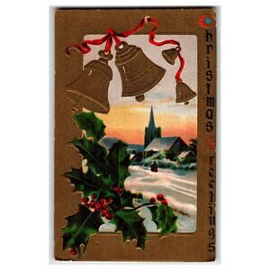 Vintage Embossed Christmas Postcard Bells Holly Church Snow Scene